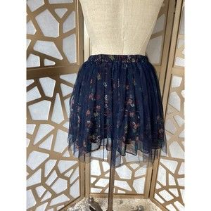 Moon Collection Women's Sz S Floral tulle Mesh Overlay short mini Skirt navy